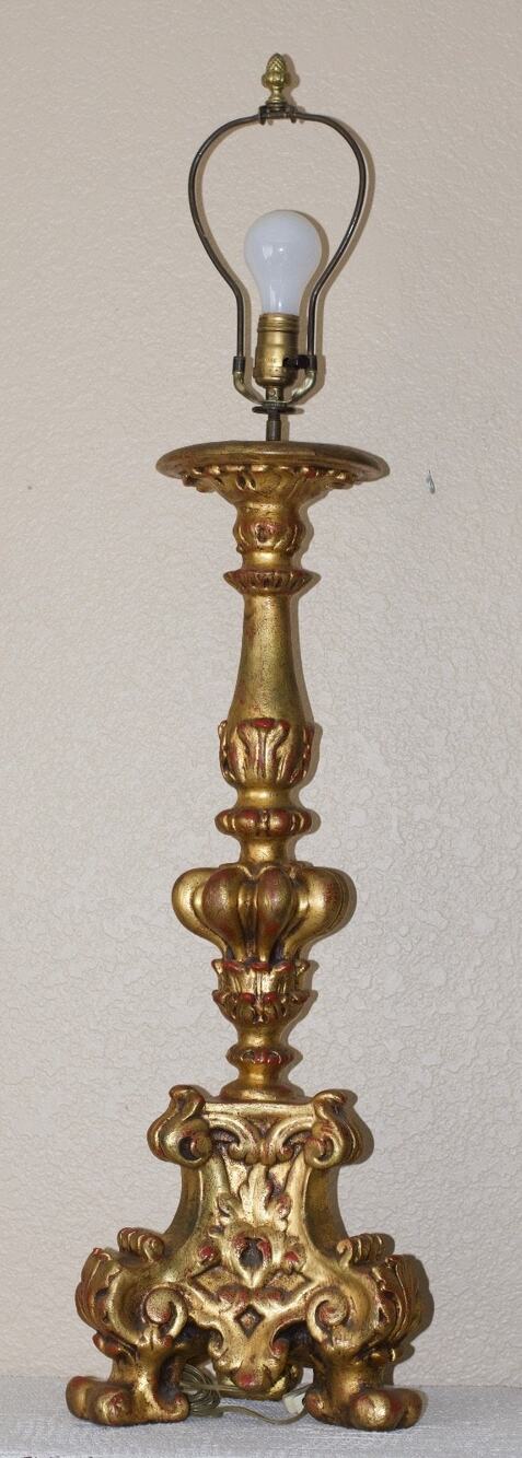 Baroque Italian Florentine Giltwood Pricket Alter Candlestick Table Lamp
